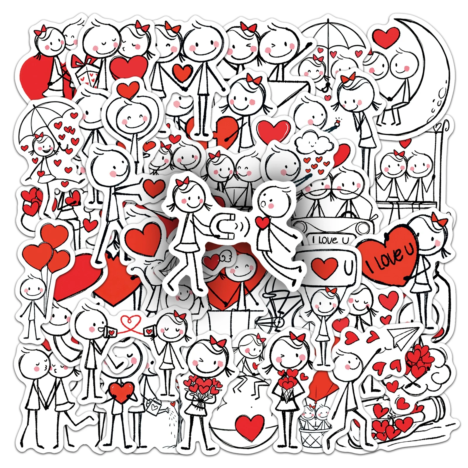 50PCS Love Stickman Graffiti Stickers Pen Black White Lines Romantic Sweet Couple DIY Toys for Travel Bag Decals Creative Gifts