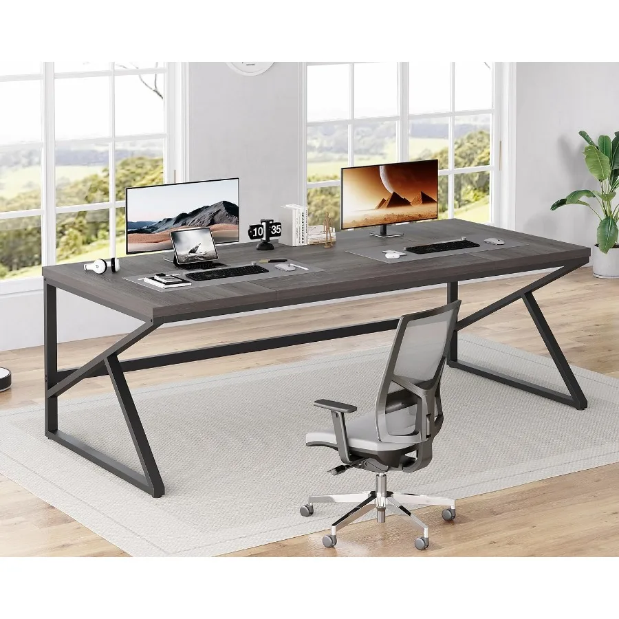 78 Extra Long Home Office Desk for Remote Work, Industrial Wood Computer Desk in Gray with Sturdy Metal Frame and Spacious Surf