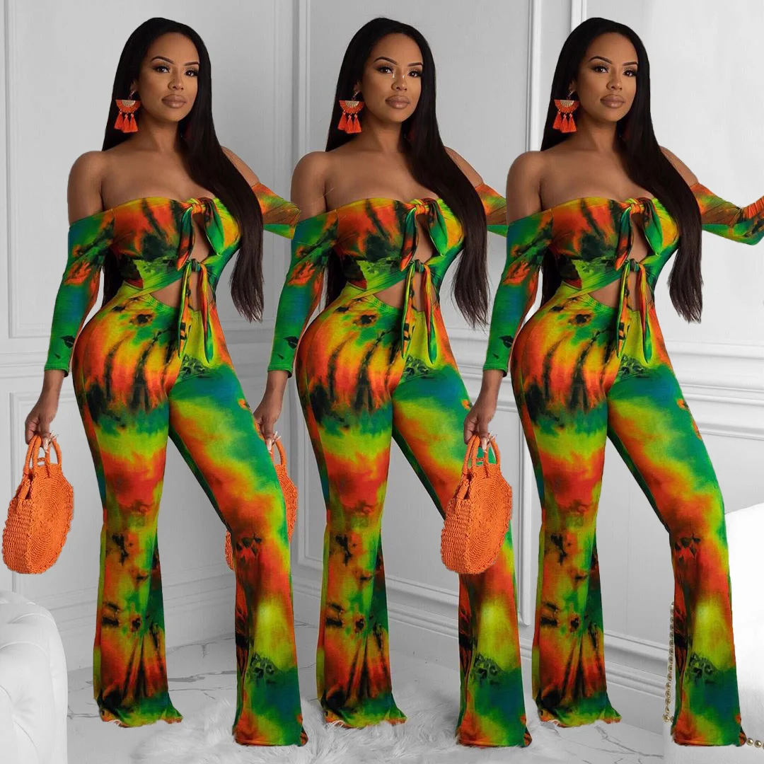 

Lovelysales new women's tracksuit one-way neck print three-quarter sleeve tie two-piece set