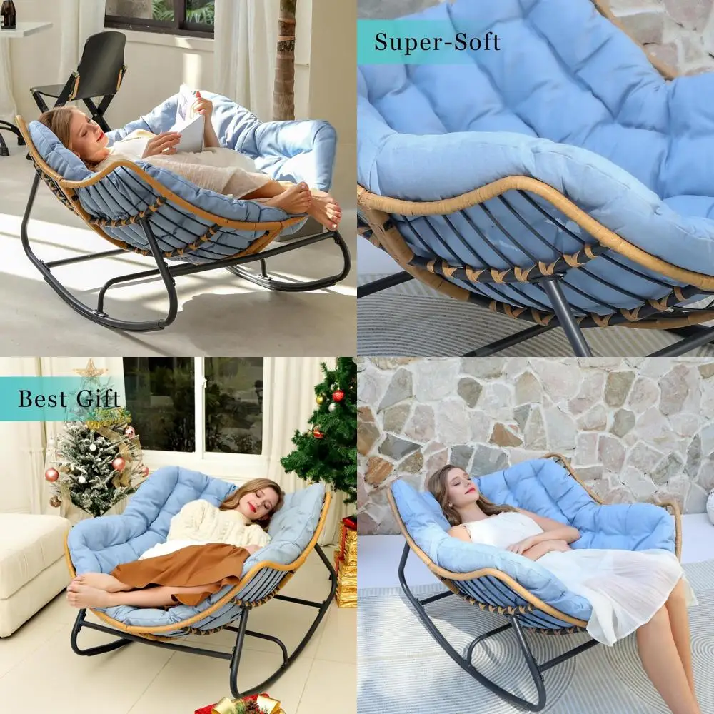 

Синее плетеное кресло Papasan для внутренней гостиной и наружного крыльца, сада, лужайки с большим мягким сиденьем и крестом-качалкой