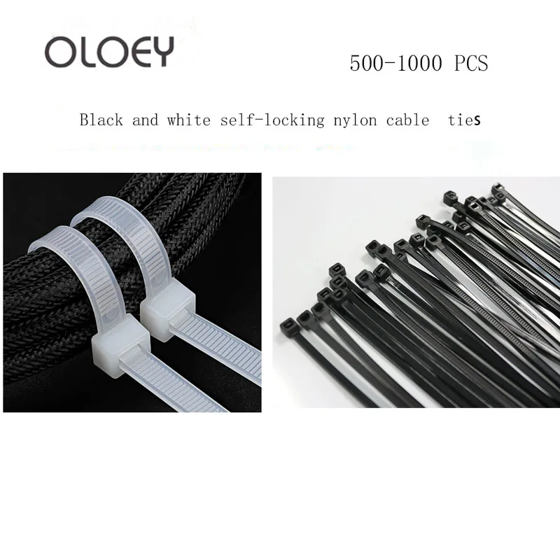 Black and white self-locking nylon cable tie lengthened thick white plastic binding fixing buckle strap 500~1000 PCS