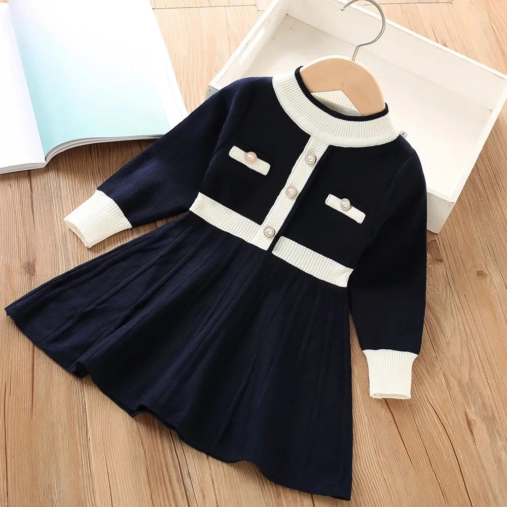 0-6Y Girls Baby Knitted Dress 2024 Autumn/Winter New Fashionable Children\'s Solid Knitted Sweater Dress