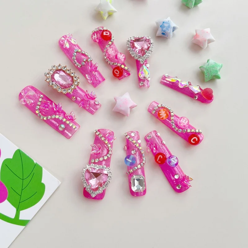 

European and American Long Water Pipe Pink Tile Hand-Worn Nail Y2g Cute Style Nail Stickers Generation