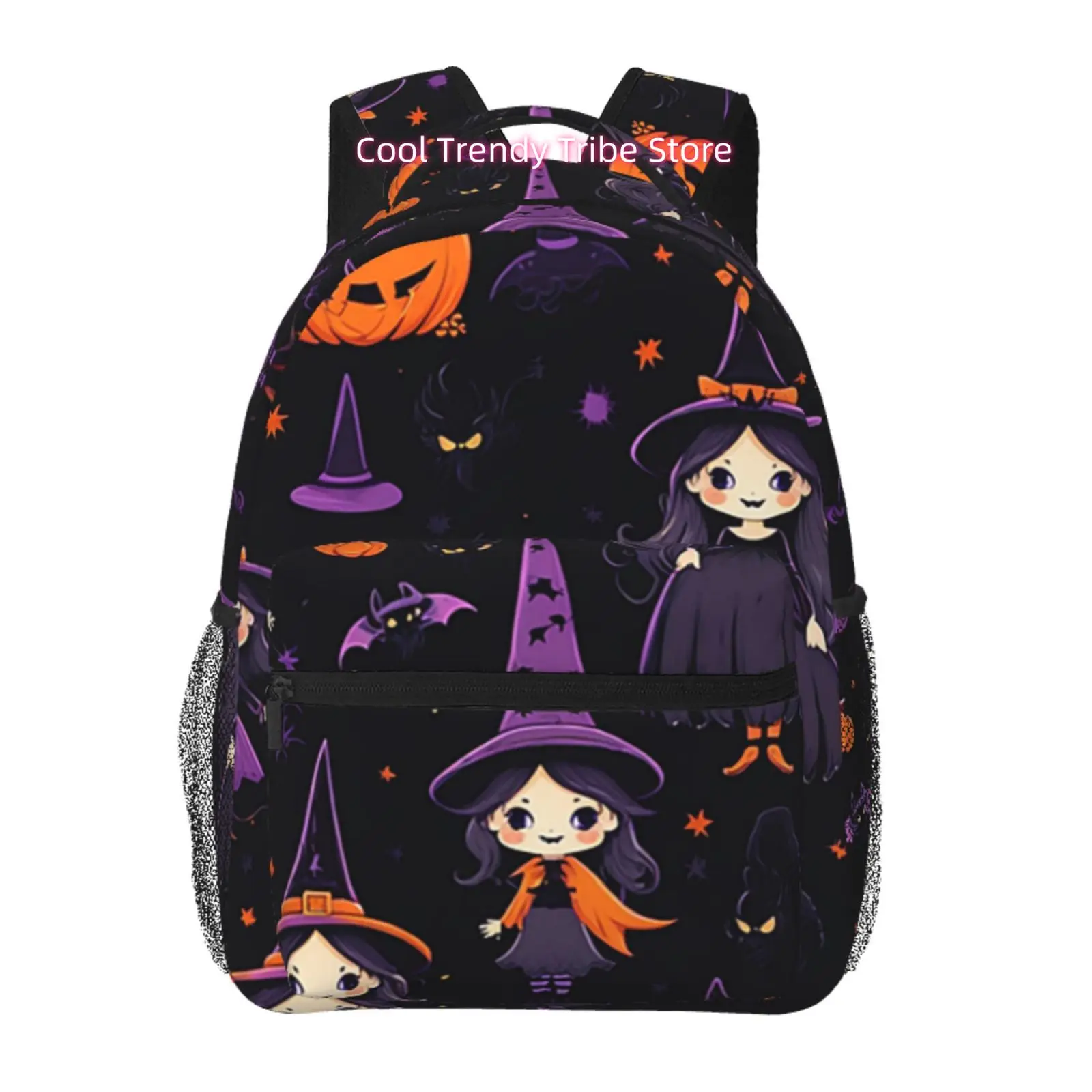 Black Purple Witch Cartoon Halloween Travel Hiking Backpacks, Ideal for Ipads And Laptops, Comfortable and Lightweight, Suitable