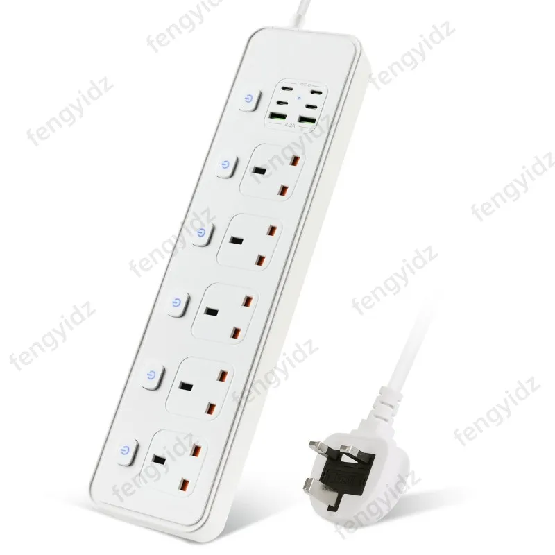 5 charging ports UK plug power strip with USB Type-C 2m cable 3250W 13A 250V UK Standard socket