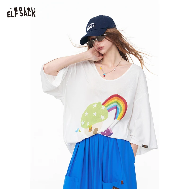 

ELFSACK Mushroom Rainbow Print V-Neck T-Shirt, Loose Fit Casual Knit Tee, Breathable Short Sleeve Top for Women