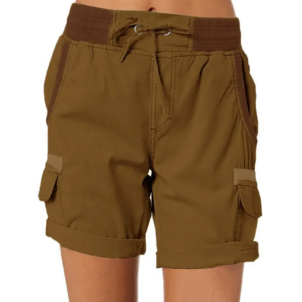 Mulheres cintura alta cordão bolso calças de trabalho, shorts de linho algodão casual, fina linha A solta perna larga Shorts, popular