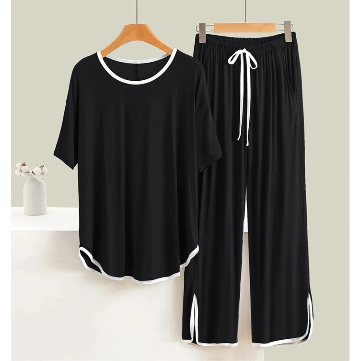 Damski komplet piżamowy plus size 5XL 150KG na jesień i lato, krótki rękaw, top i spodnie, jednolity kolor, odzież do spania, strój domowy.