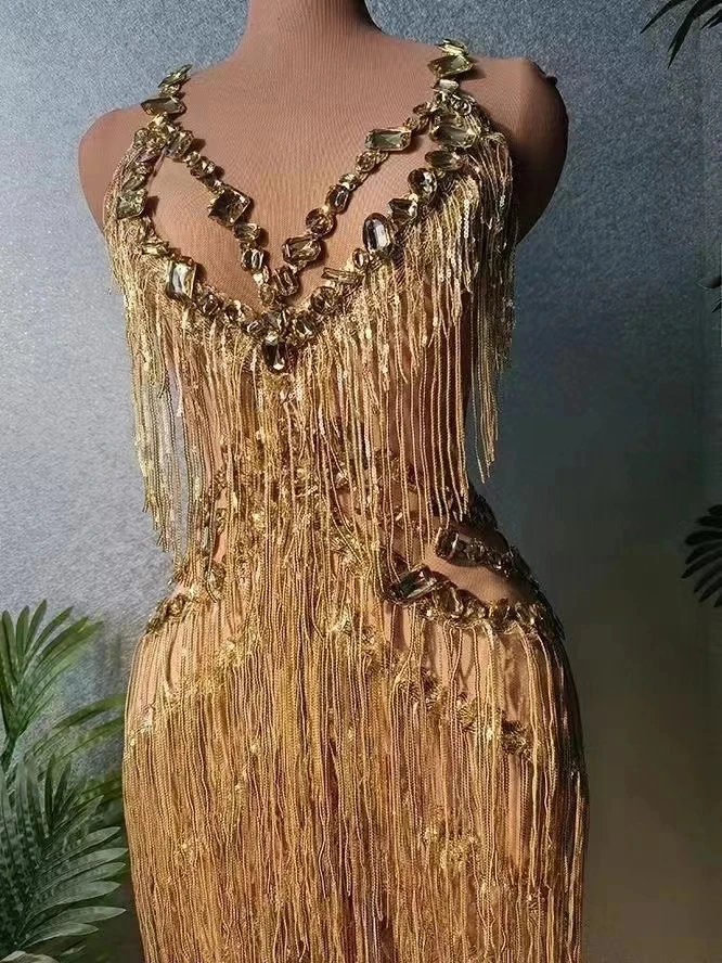 Stage  Show Gold Rhinestones Rompers Sleeveless Jumpsuit Birthday Party Outfit Singer Dancer Performance Costume