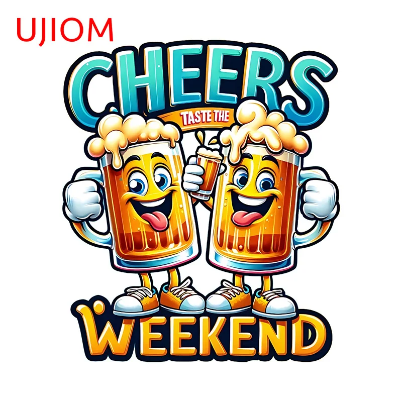 UJIOM 13cm × 11.2cm Beer Theme Logo Design Wall Stickers Cheers The Weekend Decals Colorful Waterproof Living Room Accessories