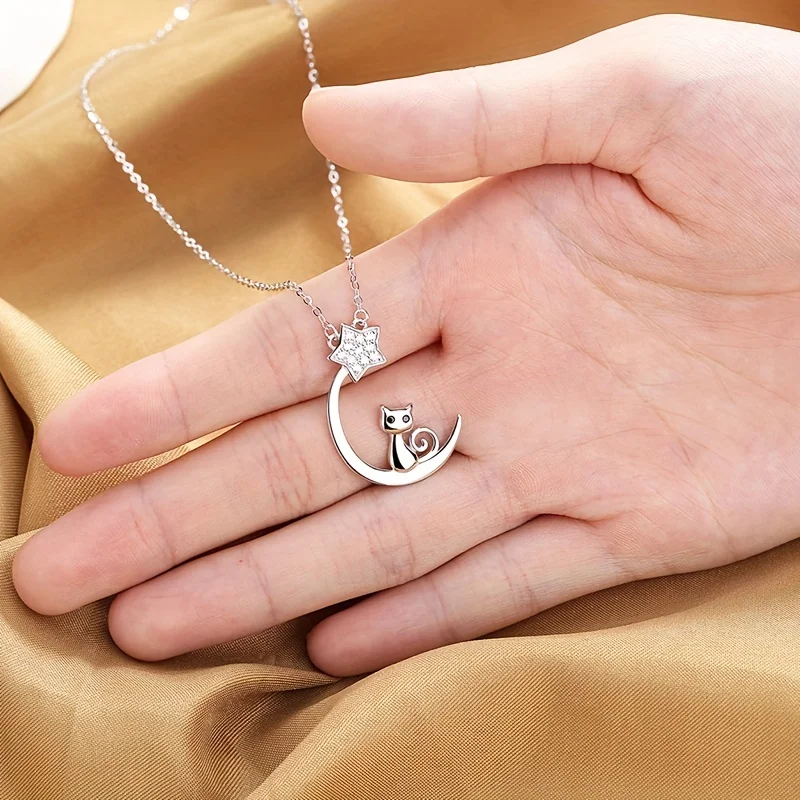 925 Sterling Silver Star Moon Necklace Cute Cat Zircon Pendant Necklace Collarbone Chain