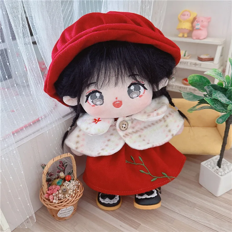 3Pcs Kawaii Red Dress White Shawl Suit Plush Doll Cute Stuffed Fat Body Cotton No Attributes Girls Doll DIY Clothes Accessory