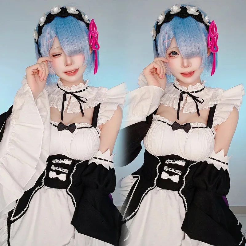 

Re:Life In A Different World From Zero Anime Rem Cosplay Costume Wig Lolita Maid Dress Black White Halloween Christmasx;8's,6;