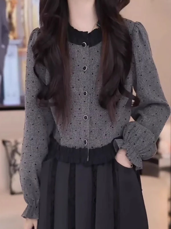 Retro Polka Dot Loose Fit feminino irt com punhos Sves e madeira ain renda emenda respirável longo Sve Top para meninas