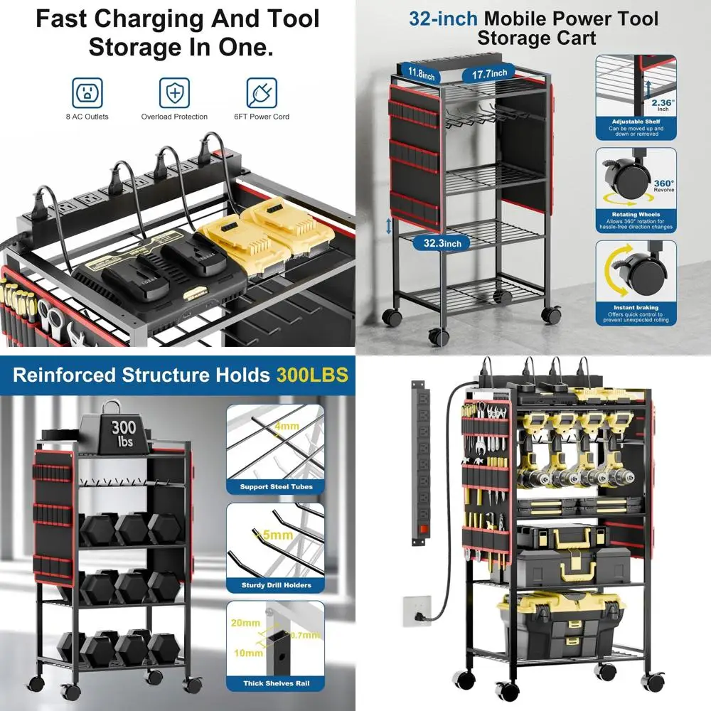 

5-Shelf Heavy-Duty Tool Cart with Charging Station - 8 Outlets, 300 lbs Capacity, Rolling Storage for Garage & Workshop