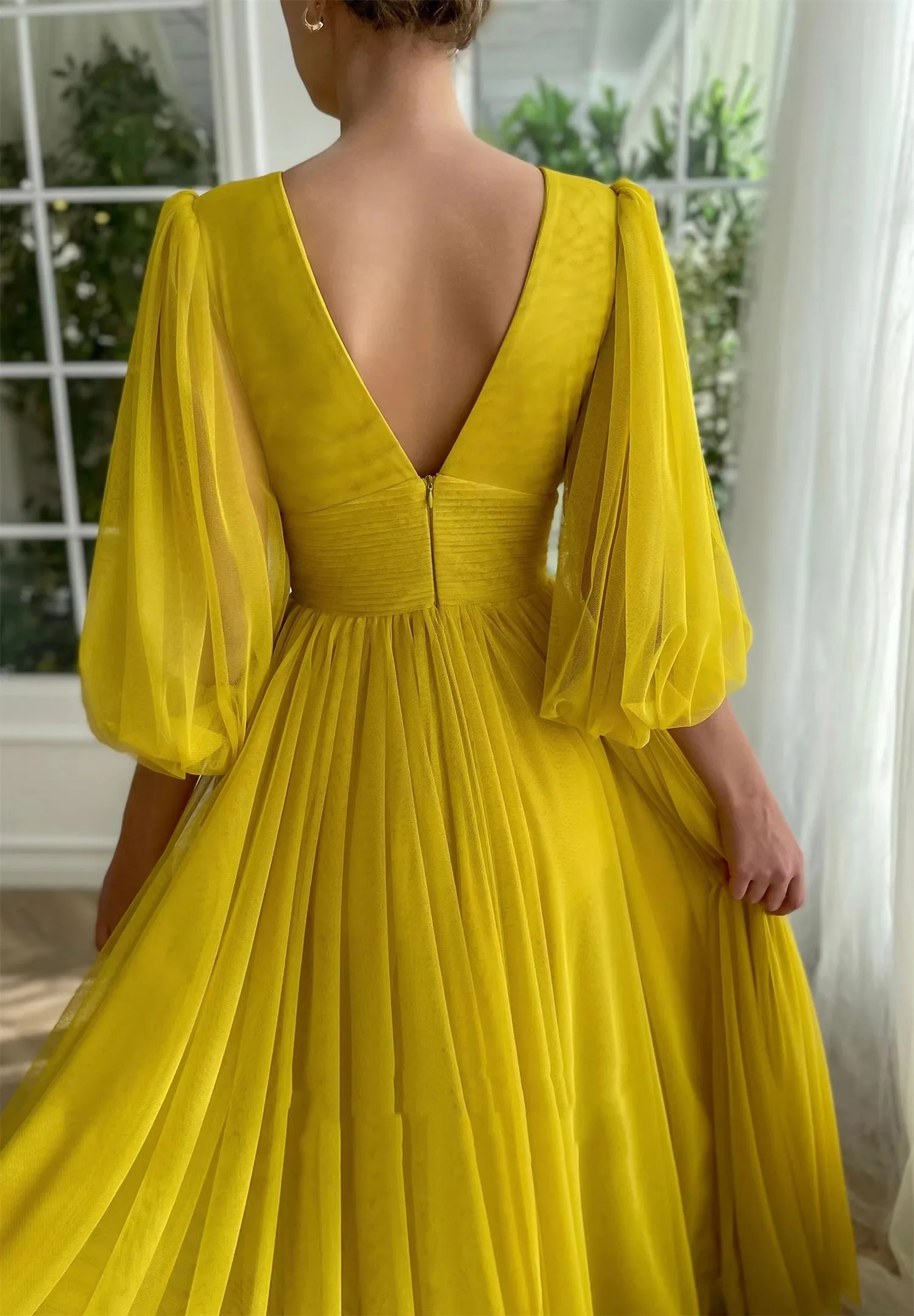 Women Elegant Floor Length Tulle Dresses Deep V Neck Puff Half Sleeve Ruched Waist Side Slit A Line Formal Wedding Guest Dresses