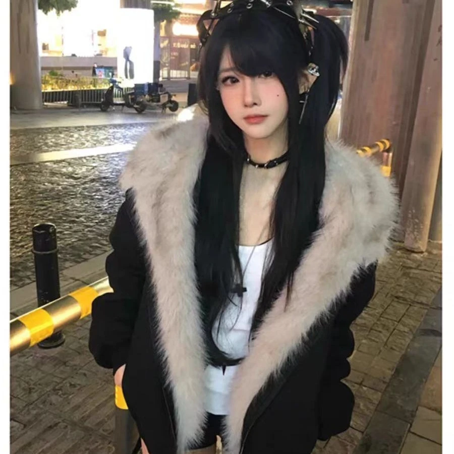 

American Retro Jacket Women Casual Faux Fur Long Sleeve Hoodie Y2K Subculture Pure Color Coat Harajuku Streetwear Women Clothing