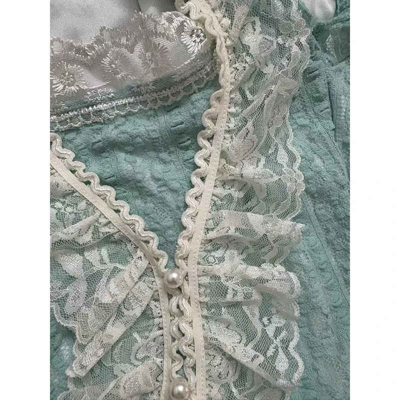 Summer French Vintage Sweet Women 2 Piece Set Y2k Casual Lace Green Tops + Design Mini Skirt New Fashion Female Outfits 2025