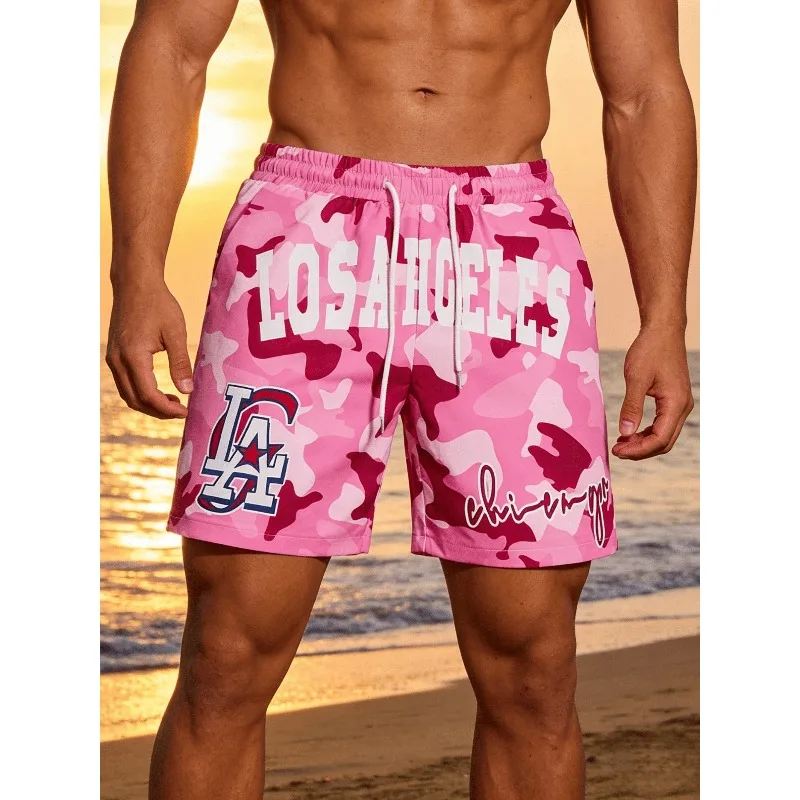 

Men's sports shorts with side pockets, elastic waist with lace-up design, seaside beach vacation, running shorts