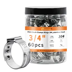 60pc 3/4 inch PEX Cinch Clamps Rings 304 Stainless Steel 20-23.3mm Single Ear Hose Clamps Crimp Ring for PEX Tubing Pipe Fitting