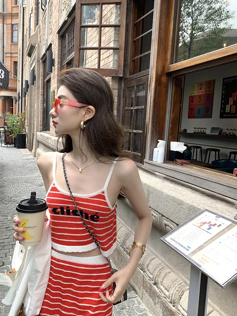 

Yexiaoting трикотажный комплект в красно-белую полоску с блузкой цвета ter Ne для женщин, летний модный наряд