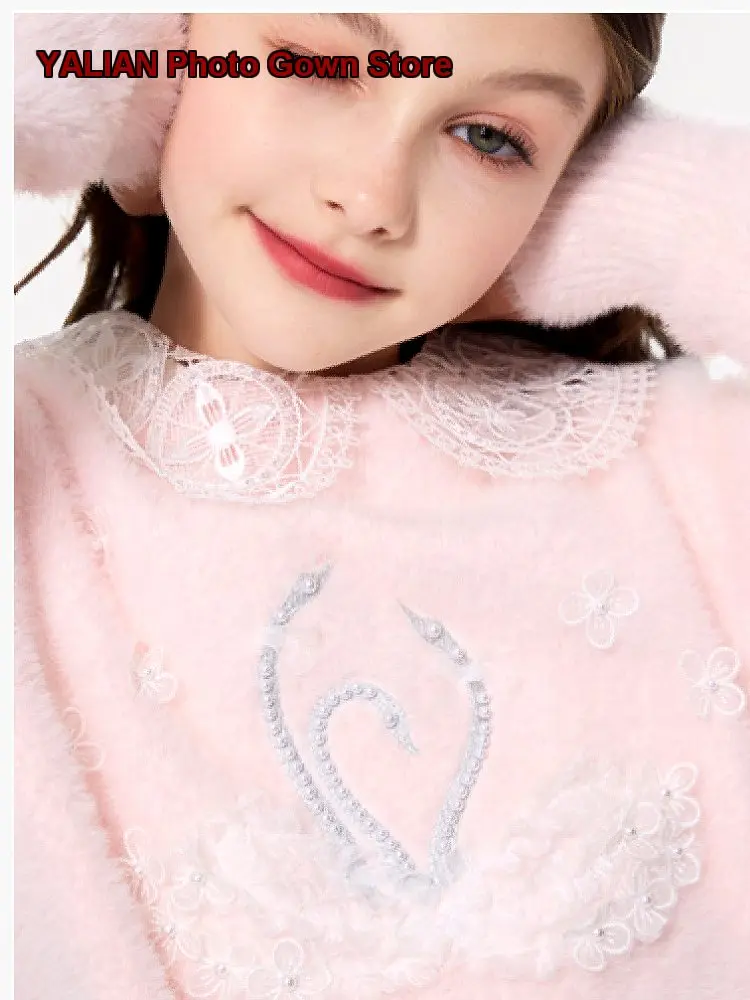 LynnMilo Autumn Winter Girls Western Style Knit Top Pink Velvet Yarn Elegant