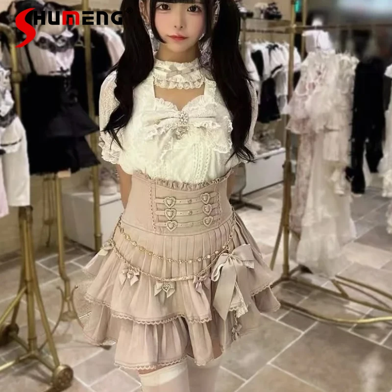 

Liz Skirts Summer New Japanese Style Mine Mass-Produced Sweet Bow Chain High-Waisted Short Skirt Princess Mini Pleated Skirts