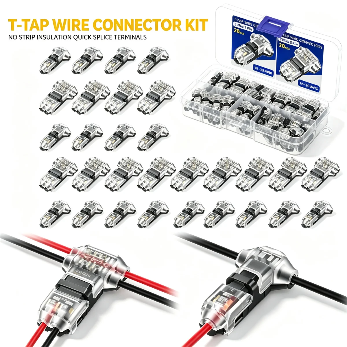 40Pcs T Tap Wire Connectors 16-20 AWG 3 Way 1 Pin 2 Pin Low Voltage Solderless Quick Splice Connector for Car LED Strip Audio