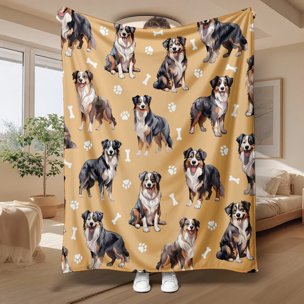 Australian Shepherd Pattern, Dog Lover Gift, Blanket, Cute Paws And Bones Design, Multi-Purpose Home Decor, Soft Cozy Fleece