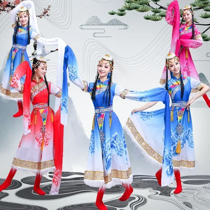 伝統チベット民族舞踊衣装中国の民族舞踊ウォータースリーブモンゴル衣装女性古典国家ダンスドレス