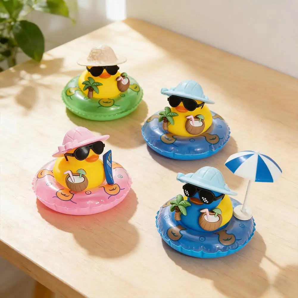 Yellow Duck Car Dashboard Ornament Cute Summer Rubber Squeeze Duck Wearing Sunglasses Hat Surfboard Auto Decoration