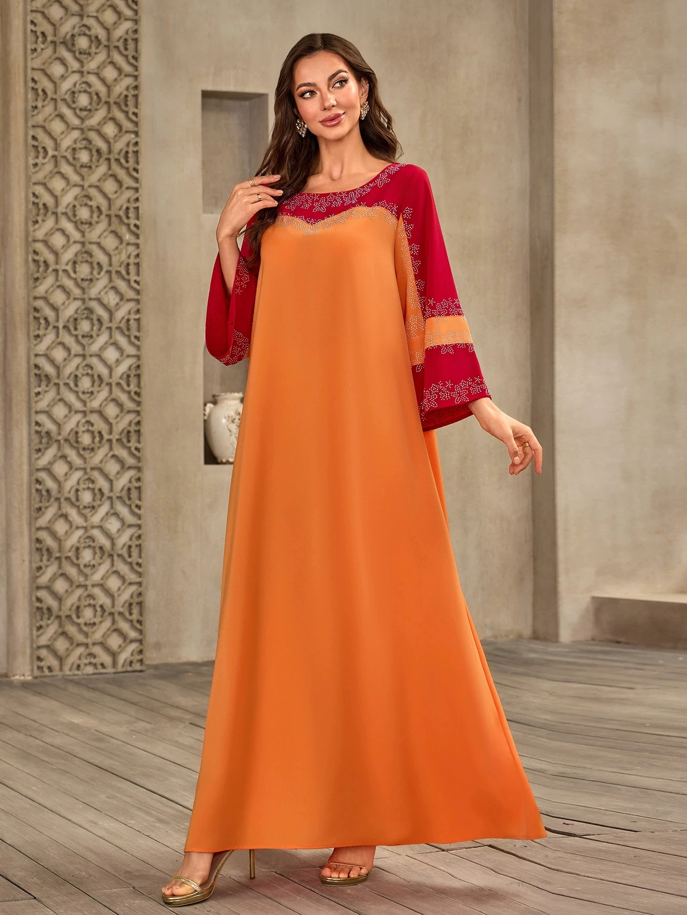 ムスリム高級ファッション レディース ドバイローブ 中東 サウジアラビア ホットダイヤモンド ラウンドネック ルーズ イスラム ラマダン ドレス