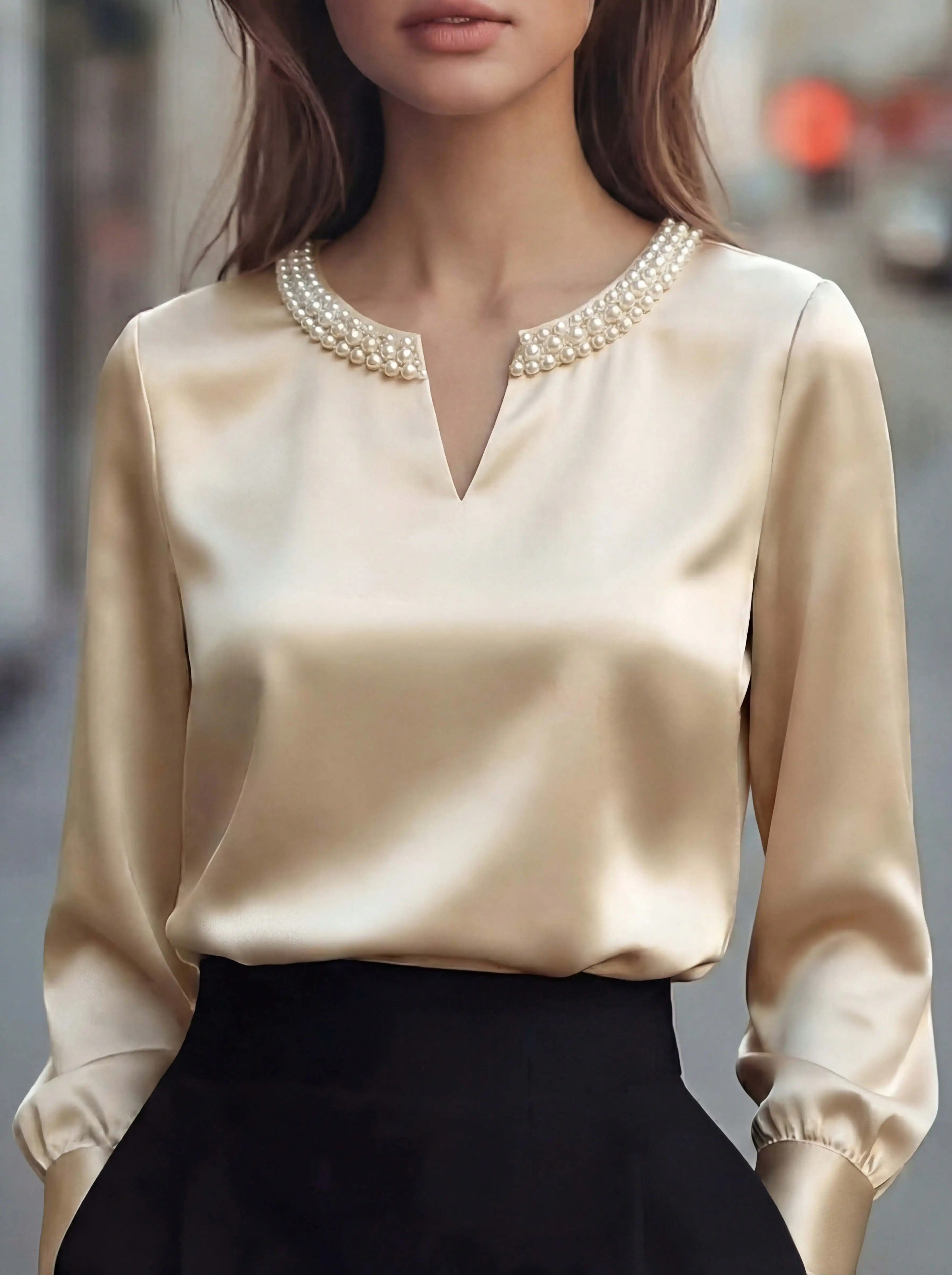 Single-Piece Women's Spring and Autumn Clothing, Solid Color Satin with Beaded V-Neck Design, Elegant and Fashionable Satin Long-Sleeve Shirt, Summer Top, Suitable for Festivals, Office, Home, Daily Wear, Birthday Parties, Spring and Autumn