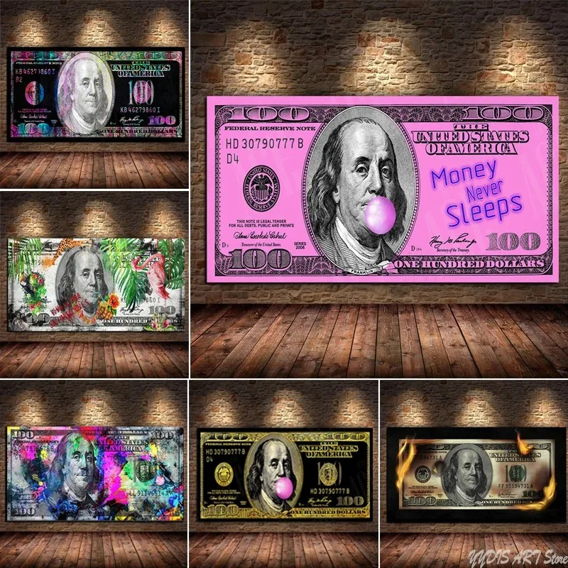 Inspirational Graffiti 100 Dollar Poster Canvas Prints Money Never Sleeps Art Painting Wall Decor Cash Picture Room Hoom Cuadros