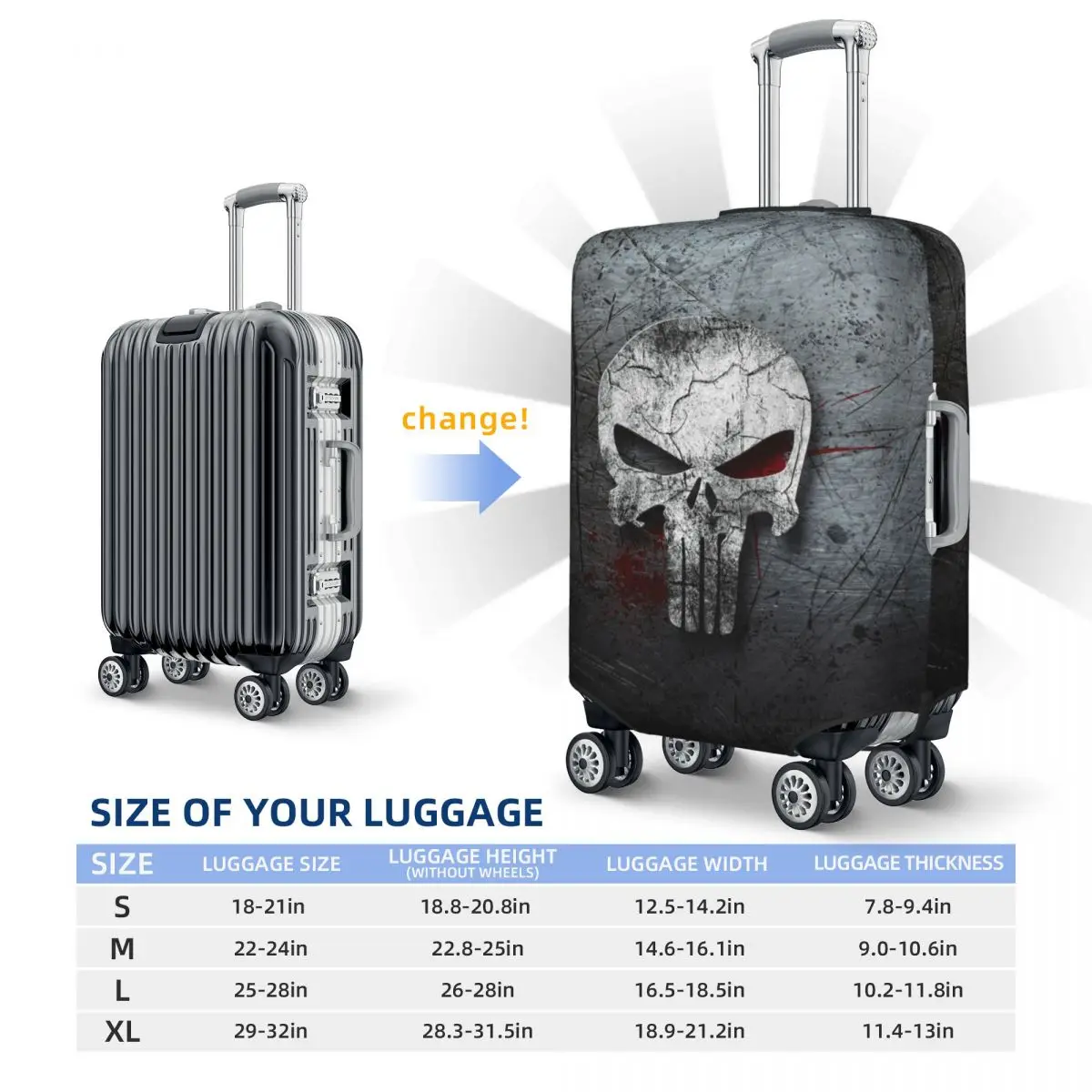 Aangepaste vintage skelet Punishers schedel reisbagagehoes stofdichte kofferhoes beschermer geschikt voor 18-32 inch