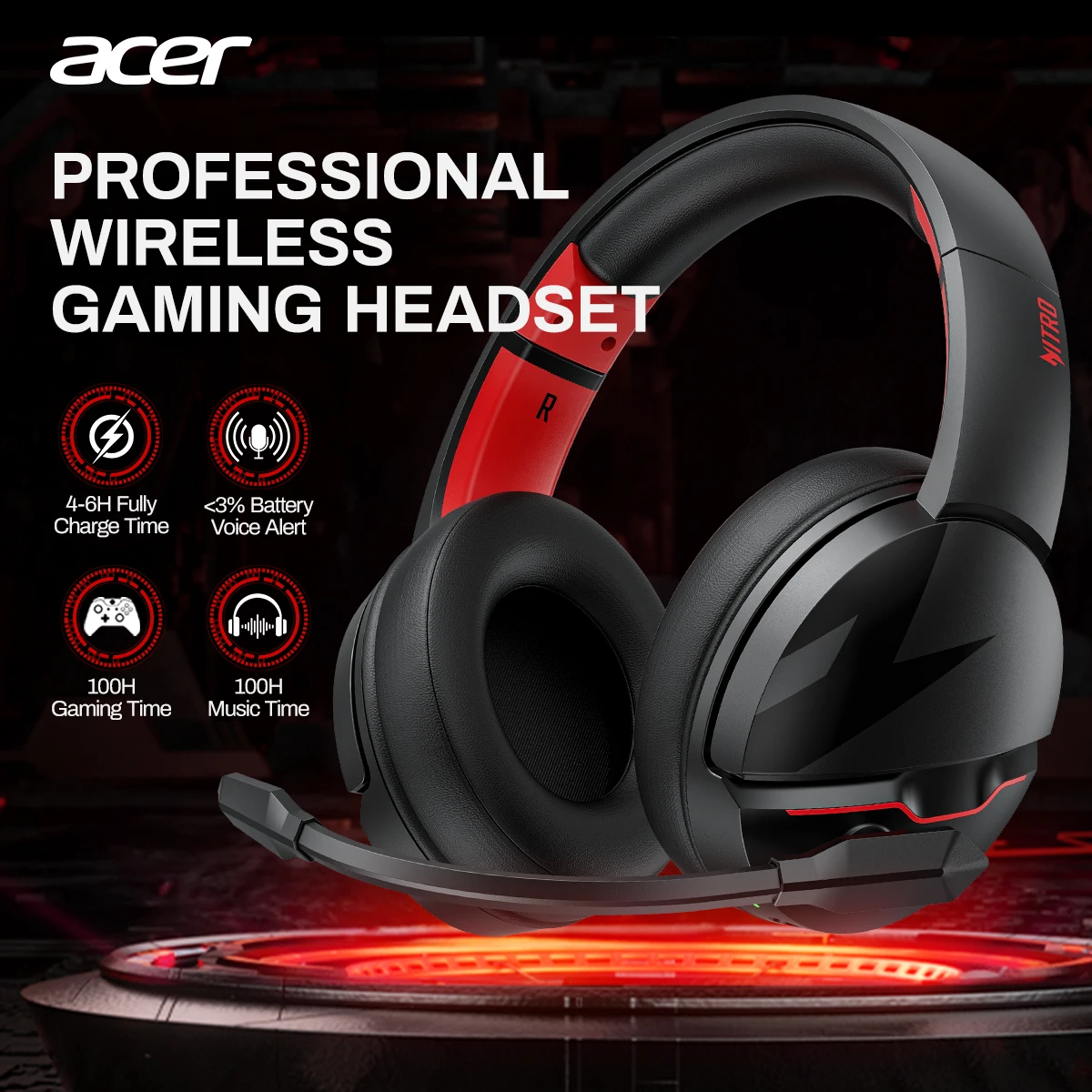 

Acer K2 Headsets Gamer 100H Battery Dynamic Clear Voice Mic Bluetooth Gaming Headphones for PC PS4 Wireless Gaming Headset