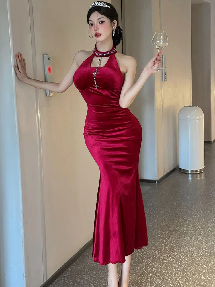 Outono inverno vermelho veludo diamantes pescoço-montado vestido feminino elegante vestido de festival de luxo 2025 coreano bodycon dança vestidos de festa