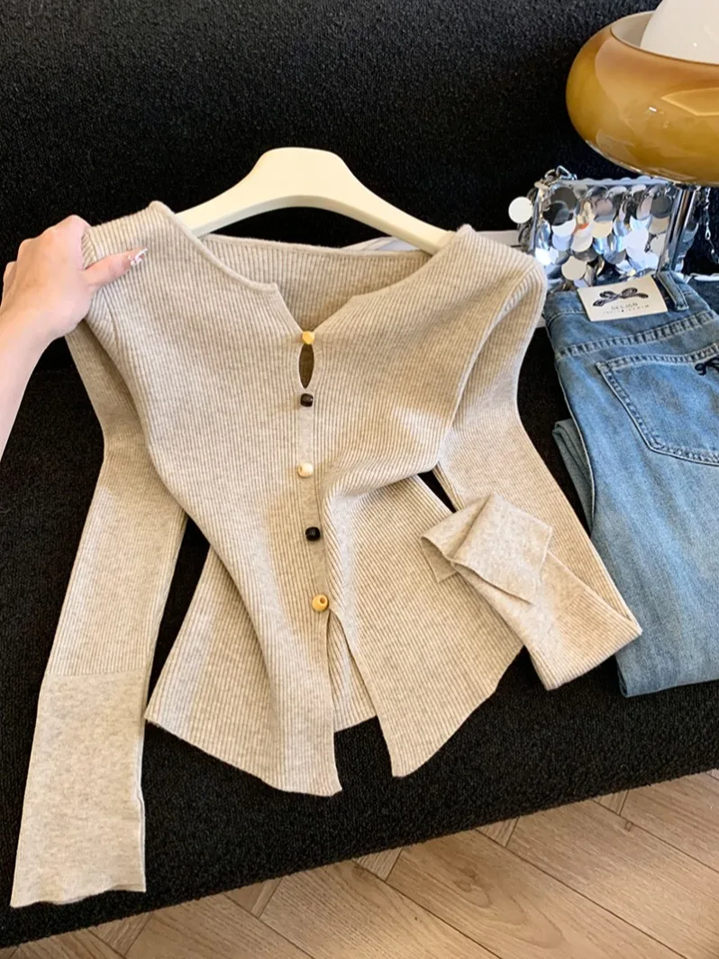 

Шикарная ажурная футболка Long Sve, женский вязаный свитер с разрезом по подолу, милая футболка Sle Ci Walk, подходит для осени и зимы