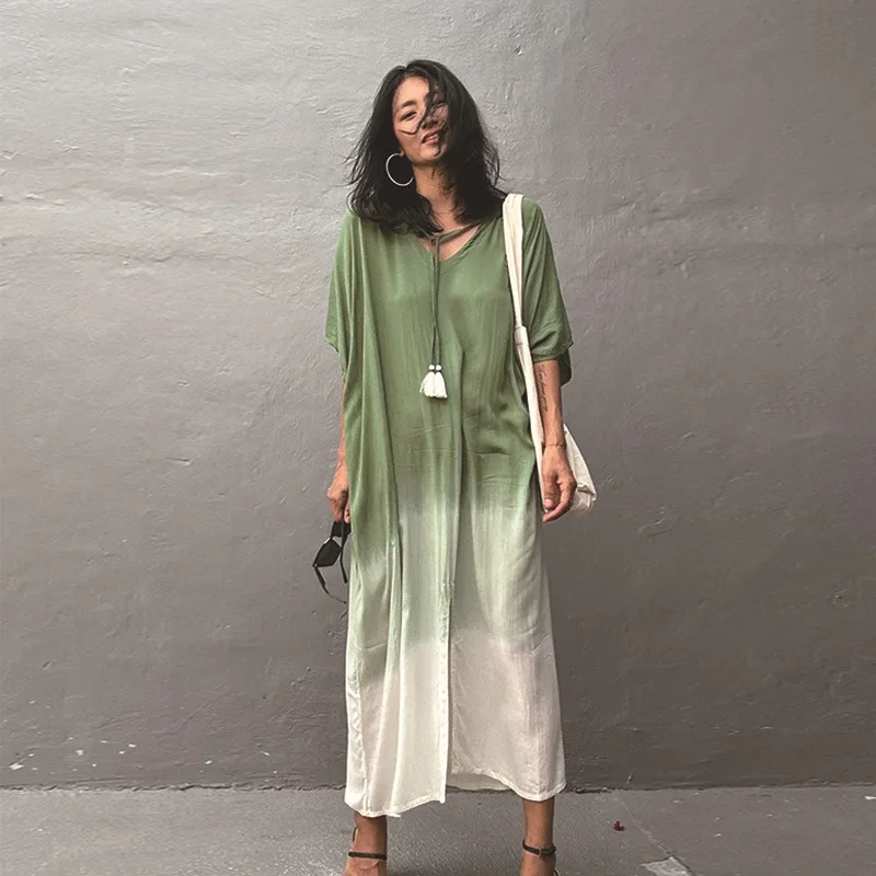 Gradient Bikini Cover-Ups Women Beach Cover Up Tassel Lace Up Plus Size Beach Summer Fashion Female Vacation Beachwear