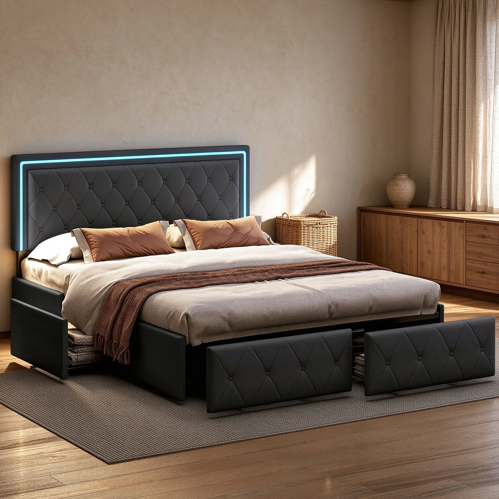 Comanlai, letto matrimoniale imbottito 140 x 200 cm con 4 cassetti, struttura letto con testiera e vano contenitore, per adulti, colore grigio.