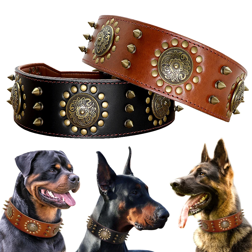 

Leather Large Dog Collar Pitbull Spiked Studded Collars for Medium Large Big Dogs Genuine Leather Durable Pet Collar Brown