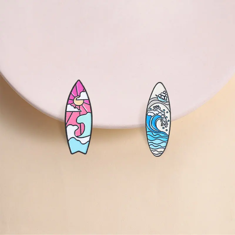 Summer Surfboard Enamel Pins Kanagawa Ukiyo-e Ocean Wave Sunset Coast Outdoor Brooches Lapel Badge Jewelry Gift for Friends