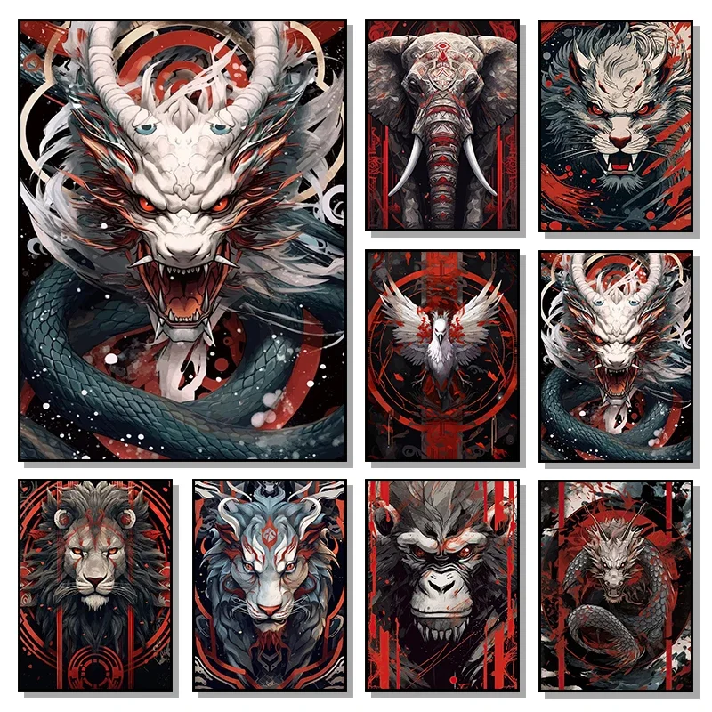Abstract Fantasy Animal Lion Tiger Dragon Elephant Gorilla Poster and Print Canvas Printing Wall Art Picture for Room Home De
