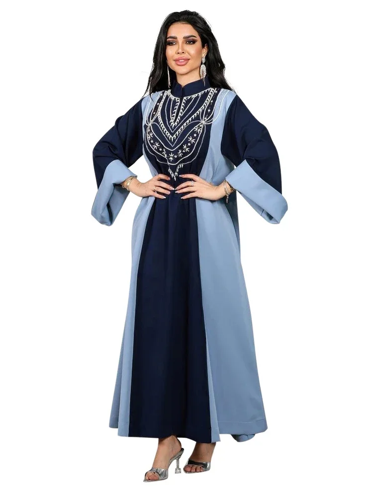 Eid Muslim Dress Women Abaya Diamond Long Sleeve Vestidos Largos Stand Collar Arab Jalabiya Party Dresses Kaftan Long Robe 2024