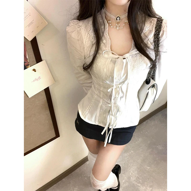 Kawaii Cropped White Shirts Women Fashion Cutecore Lace Bandage Blouses Spring Korean Preppy Single Breasted Long Sleeve Tops