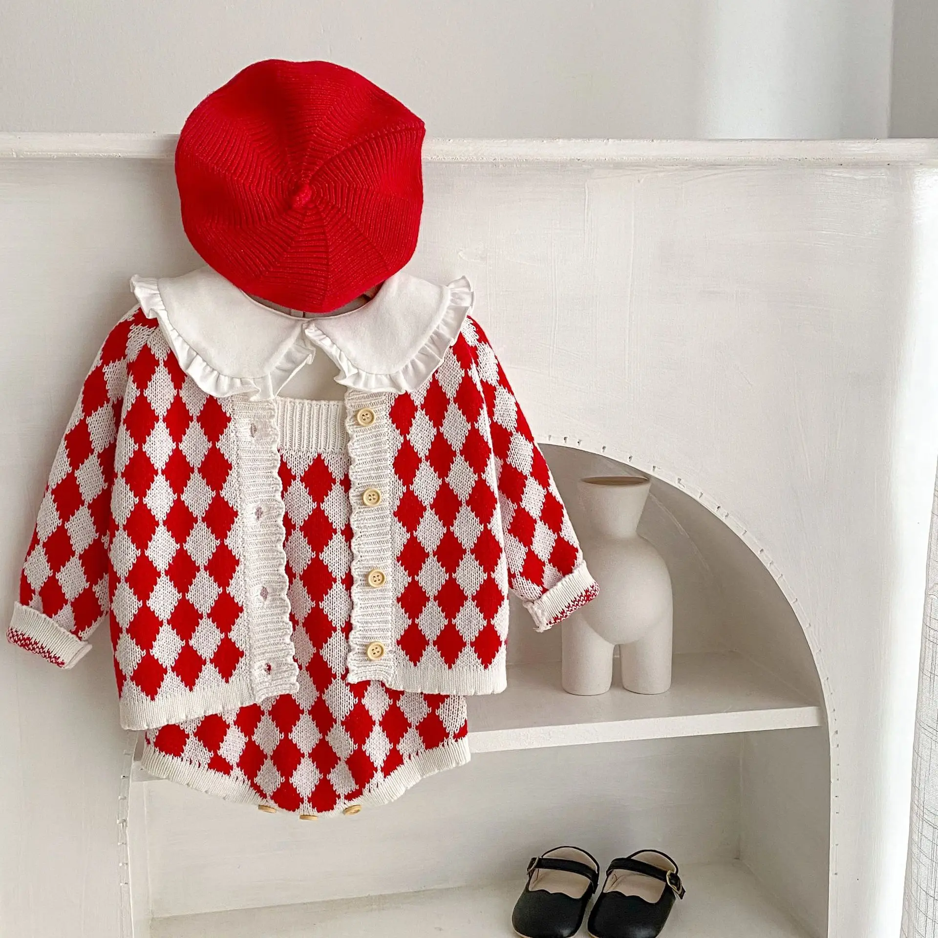 Baby Argyle Cardigan Jumper Red and White Cute Infants Knitwear Festival Christmas Knitted Outfits