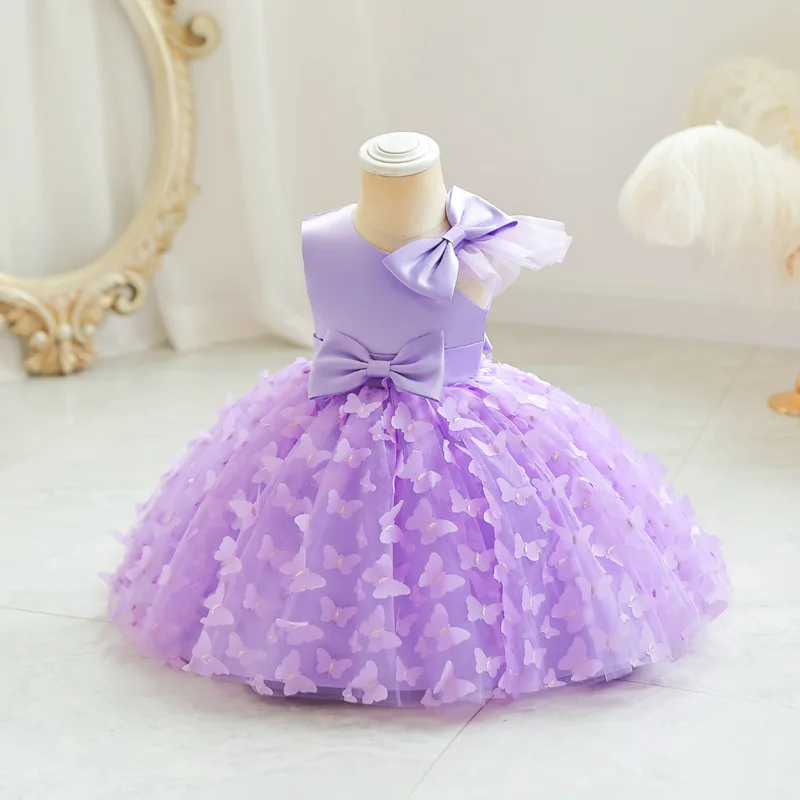 Vestido de festa borboleta 3D para meninas, vestido de dança para bebê criança bowknot, 12M a 7 anos