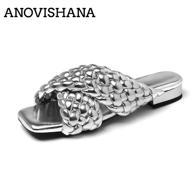 ANOVISHANA Silver Genuine Leather Female Sandals Square Toe 2.5cm Low Heels Slip On Mules Handmade Knitting Soft Leisure Shoes