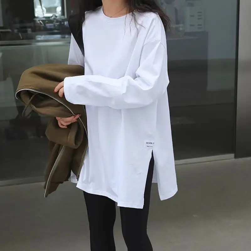 plus Size Loose Long Sleeve T-Shirt Autumn Winter Casual Comfortable Base Shirt All-Match Slimming Asymmetrical Slit for Heav...