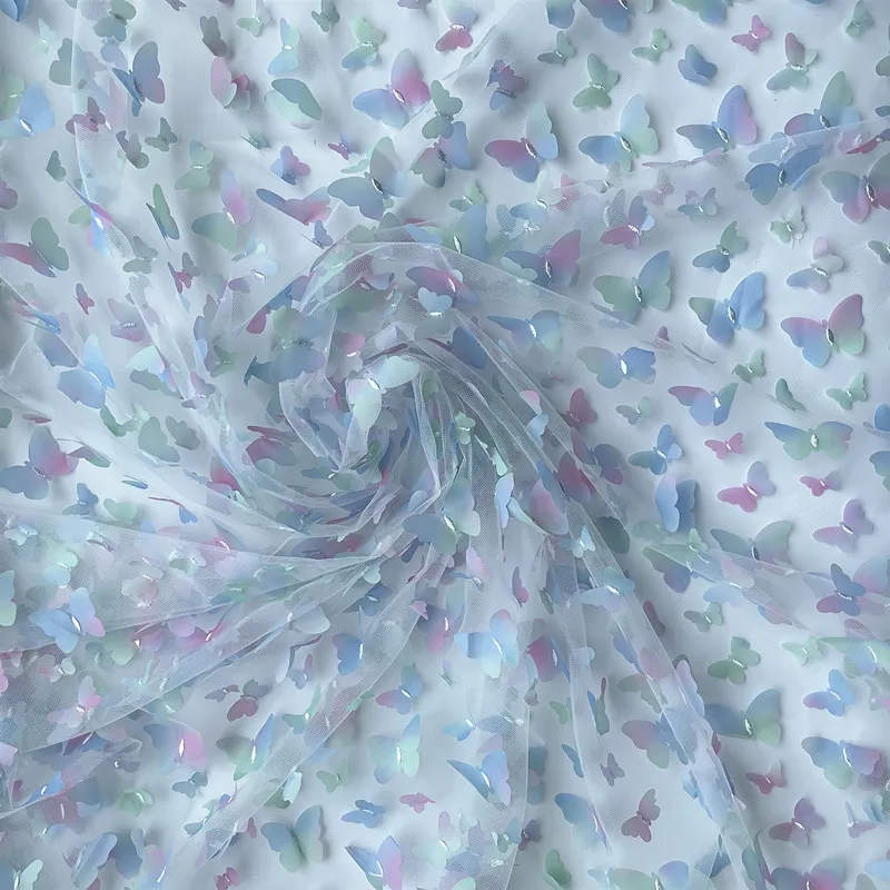

New High Quality Rainbow Gradient Butterfly 3D Multi Color Embroidered Lace Fabric, DIY Weeding Children's Clothing Accessories